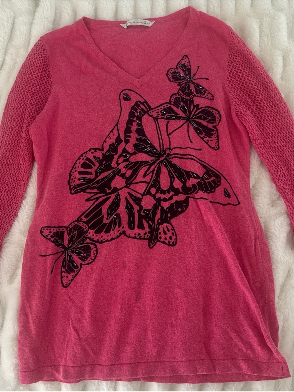 Peter Nygård Pink V-Neck Sweater with Black Butterfly Embellishment